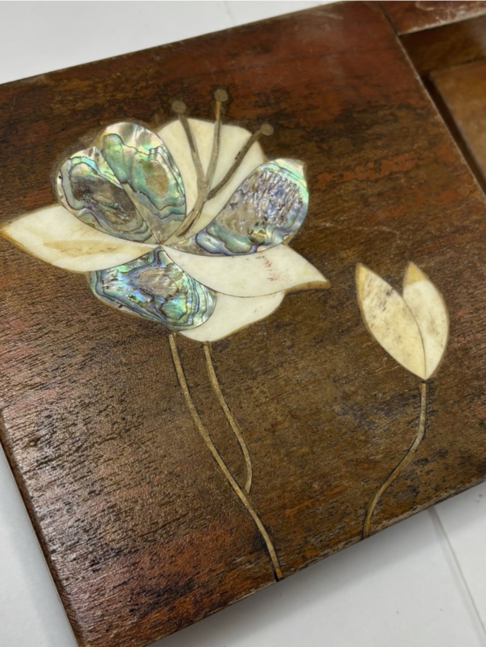 Anthropologie Wood Bath Caddy- Marble Stone Inlay- Made In India- 27” Floral - Picture 4 of 11
